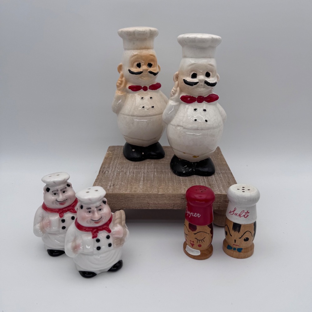 Vintage Chef Salt and Pepper Shakers Set Ceramic Japan Wooden Kitsch Kitchen Lot